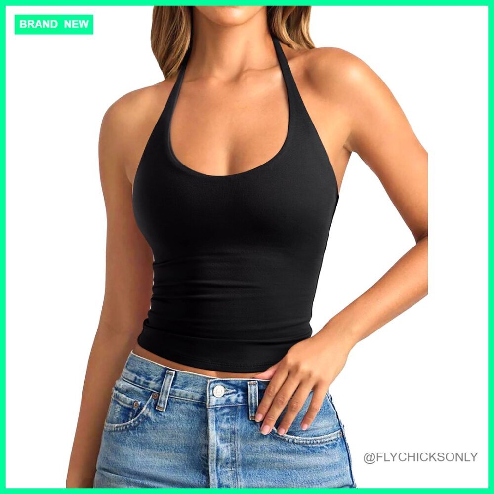 Scoop Neck Backless Halter Tank Top Double Lined Braless Tie Strap